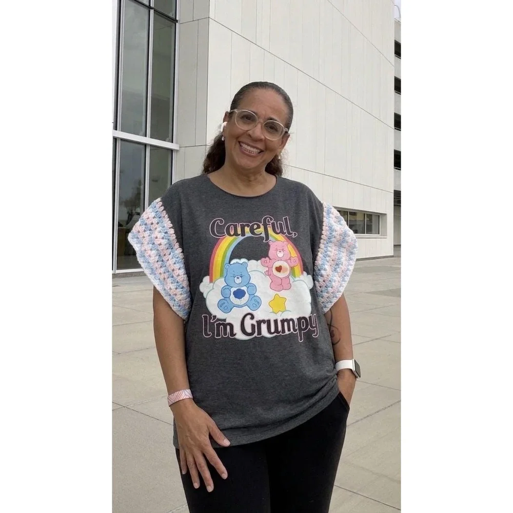One of a Kind Upcycled Care Bears Graphic Tee with Hand Crocheted Sleeves Large